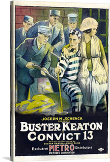  Buster Keaton’s “Convict 13” is a classic piece of cinematic history, and this artwork captures the essence of the film’s dramatic storyline. The artwork features five characters, with four dressed in early 20th-century attire and one in black and white striped prison clothes. The prisoner is being held at gunpoint by another character, adding an element of tension to the scene. 