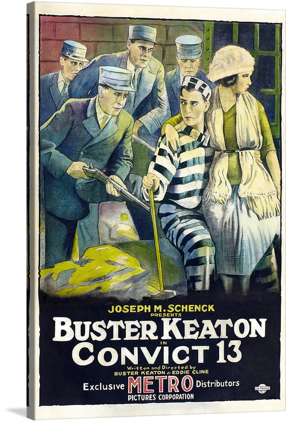 Buster Keaton’s “Convict 13” is a classic piece of cinematic history, and this artwork captures the essence of the film’s dramatic storyline. The artwork features five characters, with four dressed in early 20th-century attire and one in black and white striped prison clothes. The prisoner is being held at gunpoint by another character, adding an element of tension to the scene. 