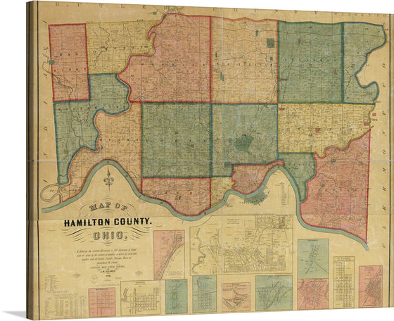 Immerse yourself in the rich history of Hamilton County, Ohio with this meticulously detailed vintage map. Each section, marked in vibrant hues, unfolds a story of a specific area within the county, offering not just geographical insight but also a colorful journey through time. The intricate linework and carefully annotated landmarks make this artwork a collector’s gem. 