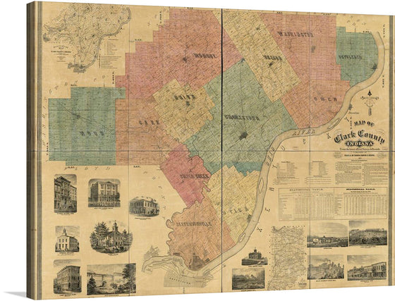 Immerse yourself in the rich history of Clark County, Indiana with this exquisite print of an antique map. Each township is distinctly colored, offering a vibrant yet rustic aesthetic that captures the essence of the era. The detailed illustrations of notable buildings and landscapes that border the map provide a visual journey through the county’s architectural and natural beauty. 