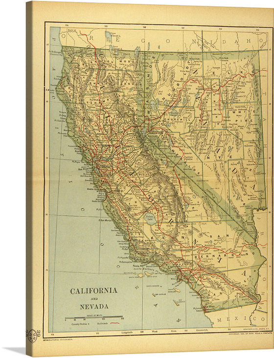 Immerse yourself in the intricate details of this vintage map print, showcasing the majestic landscapes of California and Nevada. Every line, contour, and color is a testament to the rich history and geography of these iconic states. This artwork isn’t just a piece of history; it’s a conversation starter, an educational tool, and a piece of art that beckons viewers to explore the storied terrains of the American West. 