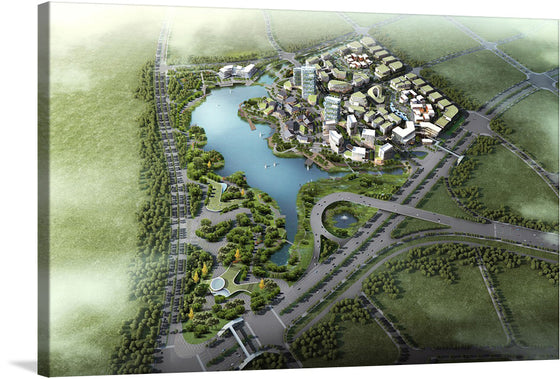 “Science and Tech Park Planning” invites you to a visionary landscape where innovation thrives. This captivating artwork unveils a harmonious blend of nature and cutting-edge technology. The serene lake at its center mirrors the sky, symbolizing endless possibilities. Around it, meticulously planned buildings stand as testaments to human ingenuity. 
