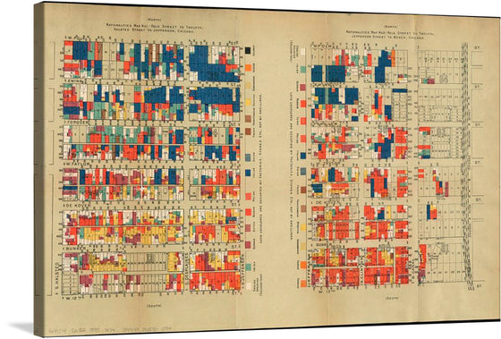 Dive into the intricate world of urban planning with this captivating print, “Nationalities Map.” The artwork is a reproduction of a detailed and colorful zoning map, with each vibrant hue telling a story of a specific parcel of land, its designated use, and the harmonious coexistence of diverse zones. 