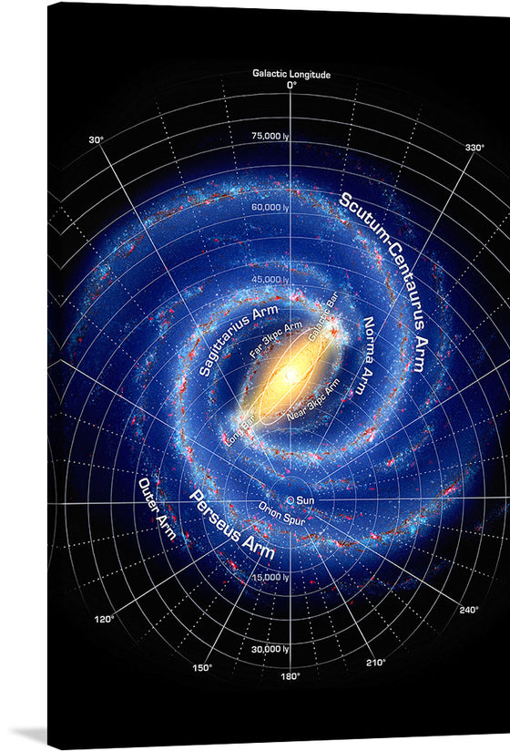 Embark on a cosmic journey with the “Milky Way Map A5”, a mesmerizing print that captures the grandeur and mystery of our galaxy. Each spiral arm, from the Scutum-Centaurus to the Perseus, is depicted in stunning detail, inviting viewers to explore celestial wonders and distant stars. Galactic longitudes and distances are meticulously marked, offering a blend of artistic allure and scientific accuracy. 