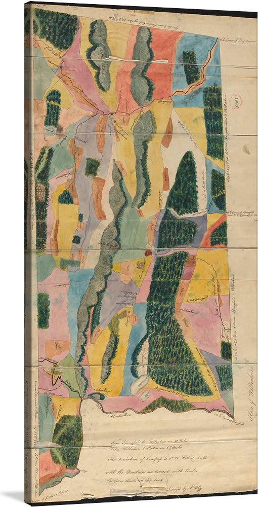  “Plan of Wilbraham (1830)” by Aaron Bliss. This meticulously detailed map captures the layout of Wilbraham with a blend of vibrant colors and meticulous design. Each section, marked by distinct hues and textures, tells a story of the land’s division, ownership, and use. The map includes natural features like rivers or streams that snake through the parcels. There are handwritten texts within some parcels possibly indicating names or titles.