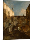 “A Venetian Courtyard” by Francesco Guardi invites us into a sun-drenched oasis within the labyrinthine streets of Venice. Here, everyday life unfolds against the backdrop of decaying architecture, its walls bathed in rich, muted tones. A woman diligently washes clothes, her movements echoing the rhythm of the city. Guardi defies convention by painting this scene from the building’s rear, revealing an unexpected beauty in the overlooked corners of Venetian life.