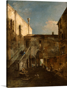  “A Venetian Courtyard” by Francesco Guardi invites us into a sun-drenched oasis within the labyrinthine streets of Venice. Here, everyday life unfolds against the backdrop of decaying architecture, its walls bathed in rich, muted tones. A woman diligently washes clothes, her movements echoing the rhythm of the city. Guardi defies convention by painting this scene from the building’s rear, revealing an unexpected beauty in the overlooked corners of Venetian life.