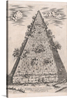  The “Speculum Romanae Magnificentiae: Pyramid of Caius Cestius” print is a captivating representation of a piece of ancient Rome. The pyramid stands majestically, its intricate stonework adorned with inscriptions that tell tales of a time long past. The sky above, painted with soft, whimsical clouds, casts an ethereal glow upon the scene. 