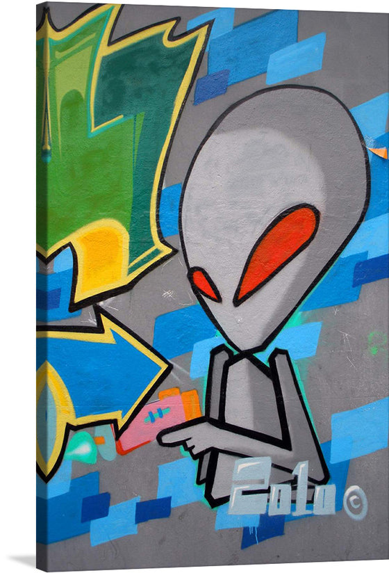 Dive into a world where the whimsical meets the enigmatic with this vibrant print of street art. The artwork features an iconic alien figure, rendered with sleek lines and bold colors, set against a dynamic backdrop of abstract shapes and graffiti elements. Every glance reveals another layer of detail, making this piece a constantly evolving exploration of form and color. 