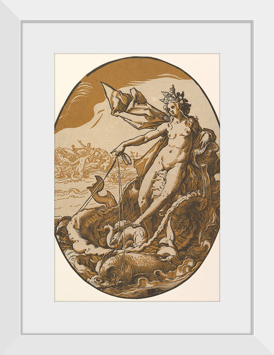 "Tethys reclining in a giant shell chariot pulled by two sea creatures", Hendrik Goltzius