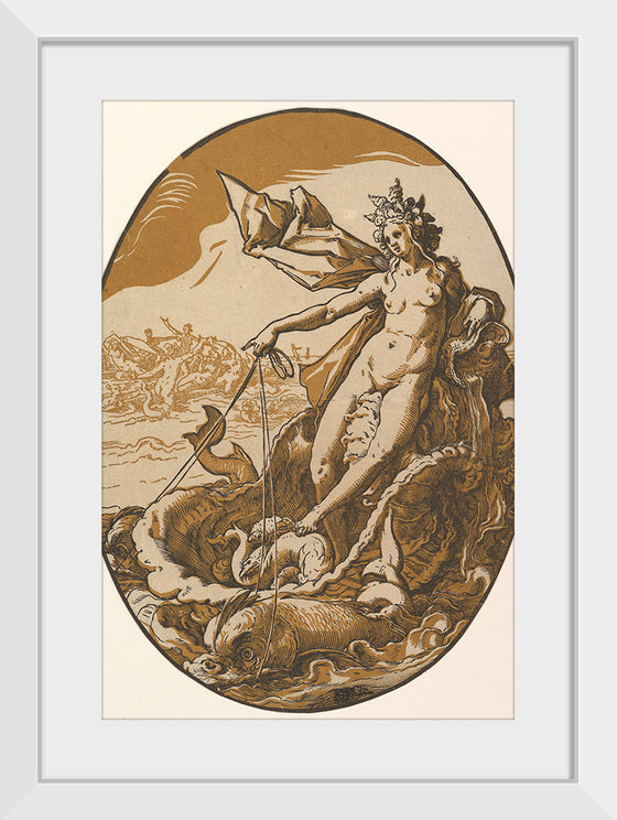 "Tethys reclining in a giant shell chariot pulled by two sea creatures", Hendrik Goltzius