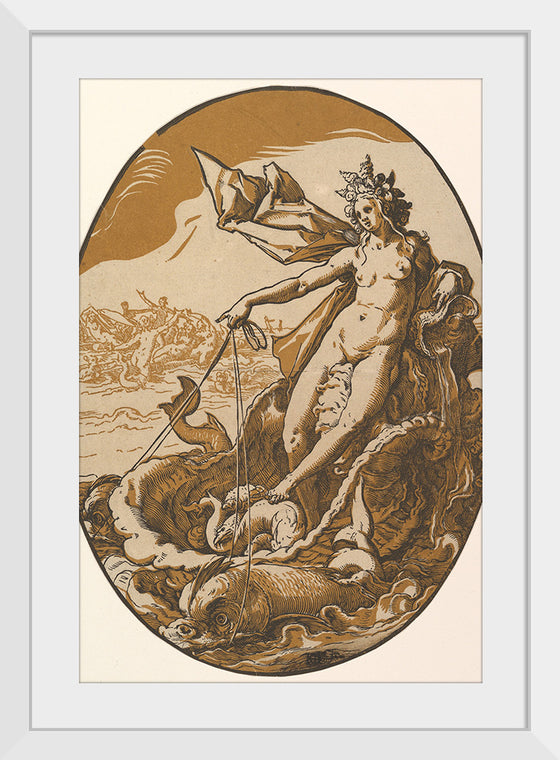 "Tethys reclining in a giant shell chariot pulled by two sea creatures", Hendrik Goltzius