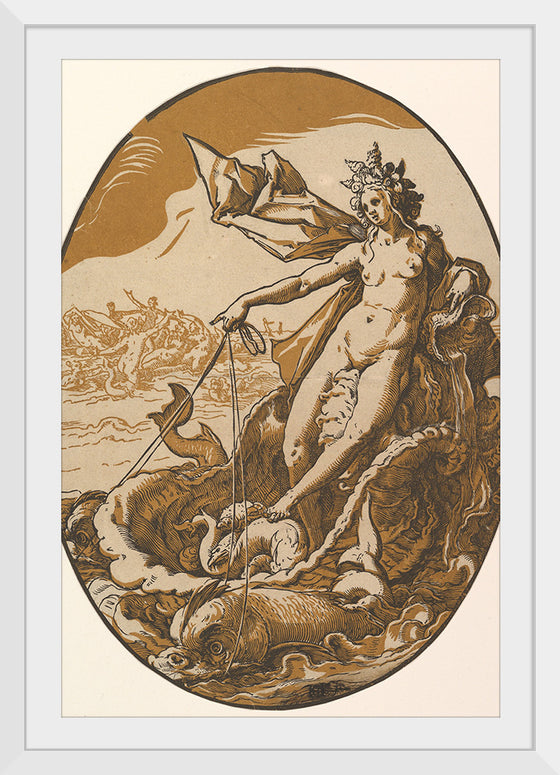 "Tethys reclining in a giant shell chariot pulled by two sea creatures", Hendrik Goltzius