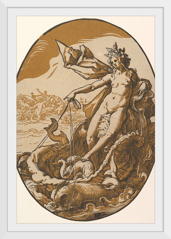 "Tethys reclining in a giant shell chariot pulled by two sea creatures", Hendrik Goltzius