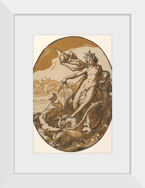 "Tethys reclining in a giant shell chariot pulled by two sea creatures", Hendrik Goltzius