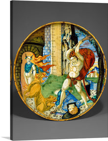  This stunning dish, created in Italy around 1530, is a masterpiece of maiolica pottery. The dish showcases a man in blue in the background, a man in red with his arms raised, a man on the ground with a puddle of blood surrounding his head, and a two headed lioness.