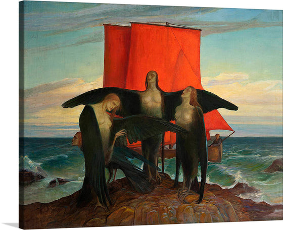 “Scena symboliczna na tle morza (Symbolical scene by the sea)” by Anna Berent invites you to step into a realm where reality and myth converge. Against the tumultuous backdrop of a churning sea, four enigmatic figures emerge—cloaked, winged, and hauntingly beautiful. 