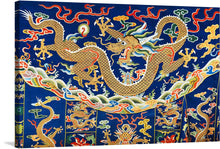  The intricate details and vibrant colors of the mythical creatures and animals on this piece are sure to captivate and inspire. The print is on a blue background with a large dragon in the center. The dragon is gold with red and green accents and is surrounded by clouds and other mythical creatures. There are also smaller dragons and other animals scattered throughout the print. The colors are vibrant and the details are intricate. 