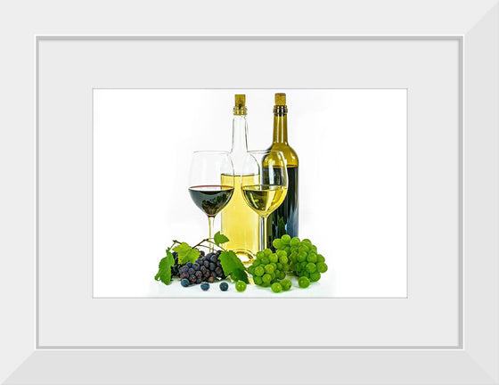 "Wine glasses, bottles and grapes"