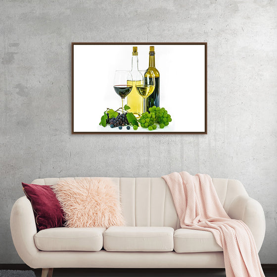 "Wine glasses, bottles and grapes"