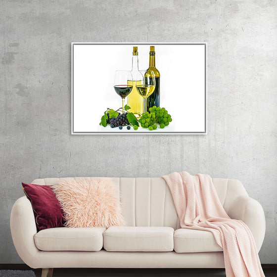 "Wine glasses, bottles and grapes"