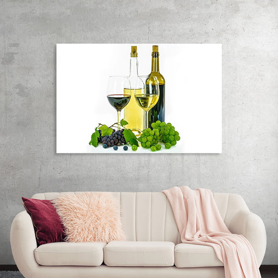 "Wine glasses, bottles and grapes"