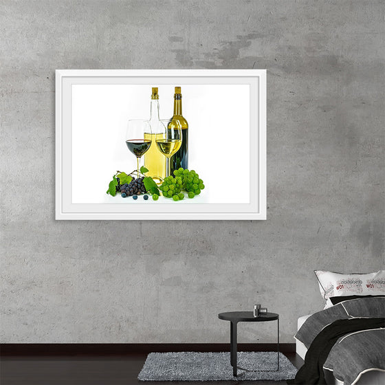 "Wine glasses, bottles and grapes"