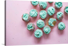  This delightful print captures the essence of indulgence and celebration through a visual feast of cupcakes. Each cupcake, adorned with vibrant turquoise icing and a sprinkle of colorful beads, is a testament to life’s simple pleasures. Set against a soft pink backdrop sprinkled with crumbs of happiness, this artwork evokes memories of joyous occasions.