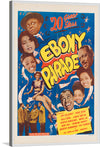 Ebony Parade is a vibrant and iconic movie poster for a 1947 musical comedy film of the same name. The poster features a large, colorful image of a group of African American performers, including Cab Calloway, Count Basie, the Mills Brothers, and Vanita Smythe.