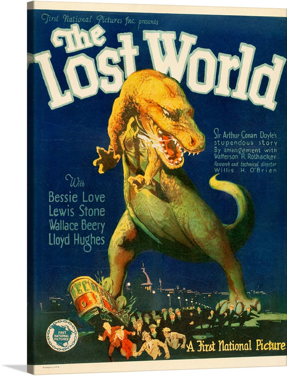 “The Lost World” is a 1960 British adventure film directed by Irwin Allen. The movie poster depicts a giant dinosaur attacking a group of people in a jungle. The film is based on the novel of the same name by Sir Arthur Conan Doyle and is a sequel to the 1925 silent film adaptation of the novel.