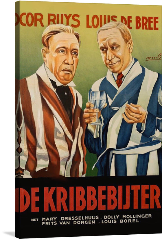 Theatrical poster for the Dutch release of Henry Koster's "De Kribbebijter" (1935), released internationally as "The Cross-Patch". Artwork by Frans Mettes. Depicted are Cor Ruys as the Baron and Louis de Bree as Moekie.