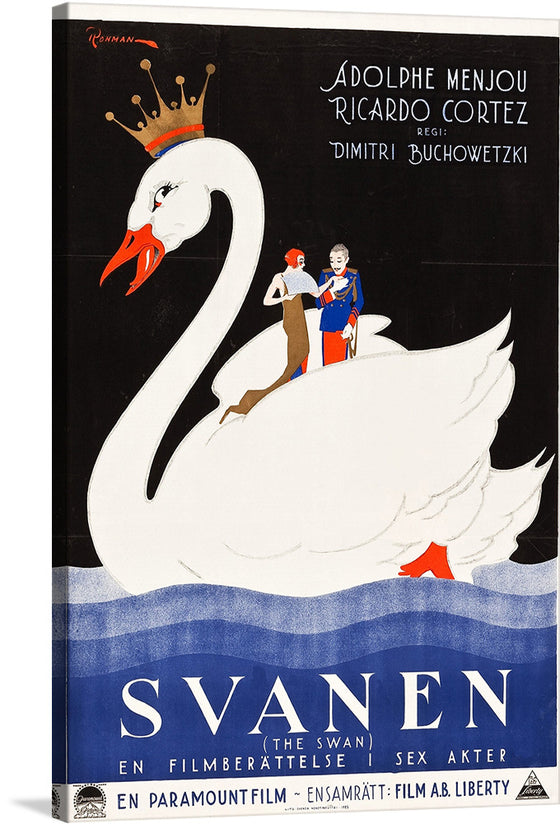 This premium print features the enchanting artwork “SVANEN (The Swan)” that transports viewers into a world of regality and grace. The artwork showcases a majestic crowned swan carrying two individuals dressed in classic elegance, engrossed in an intimate moment. The pristine whiteness of the swan stands out against the dark backdrop, creating a striking contrast. 