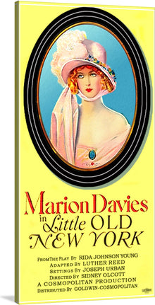  Step into the golden age of Hollywood with this exquisite print of the classic artwork for “Marion Davies in Little Old New York.” This piece beautifully blends vintage charm and artistic elegance, capturing the essence of early 20th-century cinema. The central portrait, surrounded by an ornate oval frame, is a testament to the grace and allure synonymous with the era. 