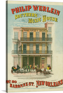  Step back in time with this exquisite print of the “Philip Werlein Southern Music House.” This artwork, a meticulous representation of the iconic music store located at No. 80 Baronne St., New Orleans, is a celebration of history and culture. Every detail, from the bustling street life to the architectural elegance of the building, is captured with artistic finesse. 
