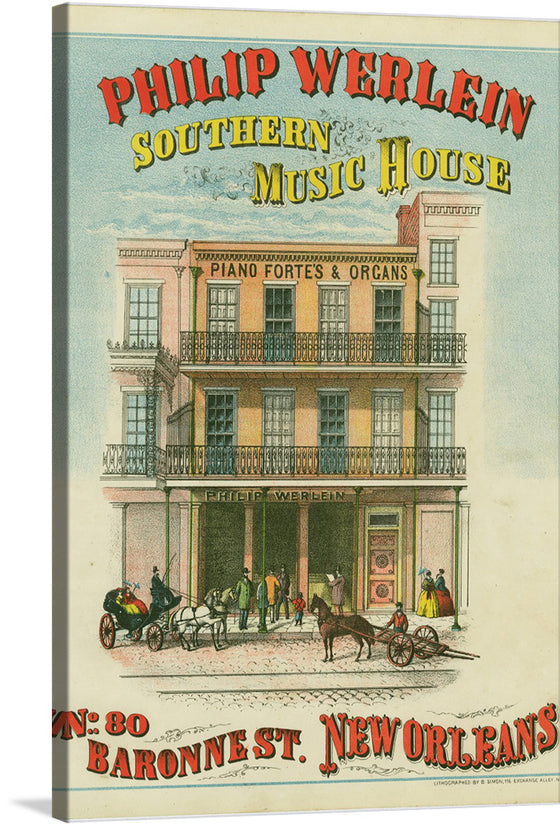 Step back in time with this exquisite print of the “Philip Werlein Southern Music House.” This artwork, a meticulous representation of the iconic music store located at No. 80 Baronne St., New Orleans, is a celebration of history and culture. Every detail, from the bustling street life to the architectural elegance of the building, is captured with artistic finesse. 