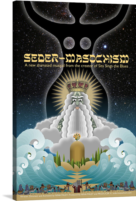 This print of the artwork for “SEDER-MASOCHISM,” a mesmerizing animated musical, is a captivating blend of celestial and earthly elements. The image is dominated by a majestic figure adorned with a golden crown, radiating divine presence.