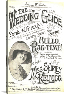  “Harmony of Nostalgia”—that’s what “The Wedding Glide” sheet music from 1912 embodies. Crafted by the renowned Louis A. Hirsch and introduced in the successful London Hippodrome Revue, this piece is a testament to the golden age of ragtime. Every curve and swirl of its elegant typography, and the iconic image of Miss Shirley Kellogg, encapsulates a moment where music and art were synonymous with splendor. 