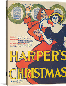  Step into the enchanting world of Edward Penfield’s “Harper’s: Christmas”, a vintage illustration that captures the essence of a cherished American holiday. The artwork features an elegant woman holding a glass of wine amidst a vibrant backdrop of autumnal splendor.