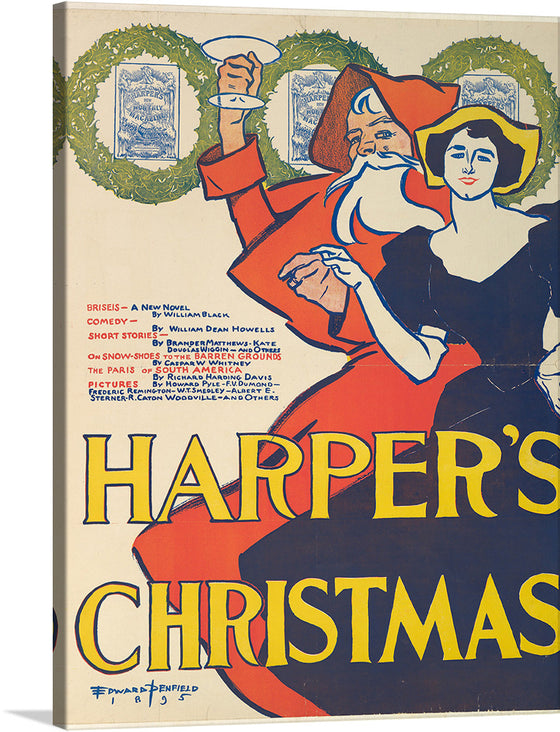 Step into the enchanting world of Edward Penfield’s “Harper’s: Christmas”, a vintage illustration that captures the essence of a cherished American holiday. The artwork features an elegant woman holding a glass of wine amidst a vibrant backdrop of autumnal splendor.