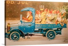  “Christmas Postcard” by Jenny Nystrom is a delightful print that captures the joy and wonder of the holiday season. The artwork features a group of gnomes riding in a blue truck with a Christmas tree in the back.