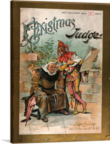  This print features a colorful and detailed illustration of a monk and a jester, making it a unique and eye-catching piece. The cover is from the Christmas edition of Judge Magazine in 1889.