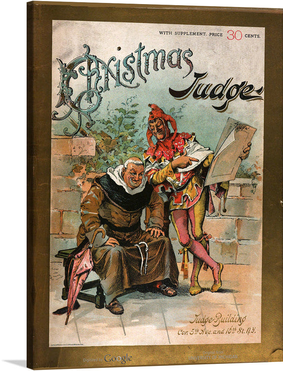 This print features a colorful and detailed illustration of a monk and a jester, making it a unique and eye-catching piece. The cover is from the Christmas edition of Judge Magazine in 1889.