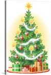 The digital illustration features a Christmas tree with a star on top, decorated with red ornaments, white garland, and lit candles. The tree is on a red tree skirt and is surrounded by wrapped presents.