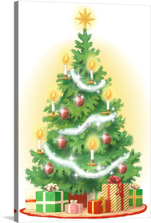  The digital illustration features a Christmas tree with a star on top, decorated with red ornaments, white garland, and lit candles. The tree is on a red tree skirt and is surrounded by wrapped presents.