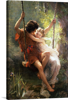  This exquisite print captures a tender moment of two individuals on a swing, surrounded by the serene beauty of nature. The artwork is imbued with a sense of tranquility and affection, as sunlight filters through the lush greenery, casting gentle highlights and shadows that dance around the figures. 