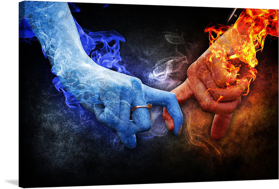 “Fire and Ice” is a stunning piece of art that captures the essence of two opposing elements. The print features two hands, one engulfed in blue flames and the other in orange flames, reaching towards each other. This piece would be perfect for any art lover’s collection. 
