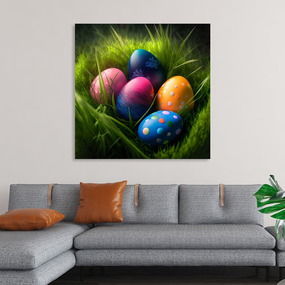 "Colorful Easter Eggs In The Grass"