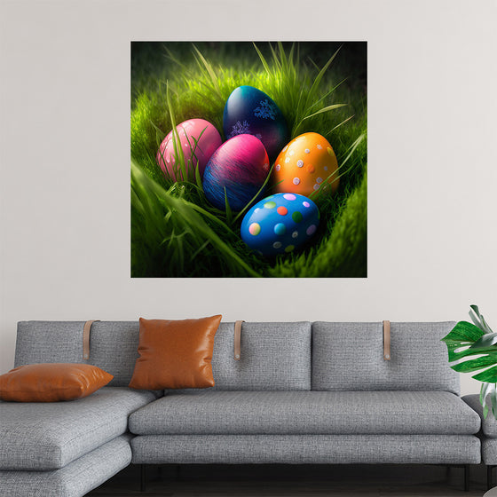 "Colorful Easter Eggs In The Grass"