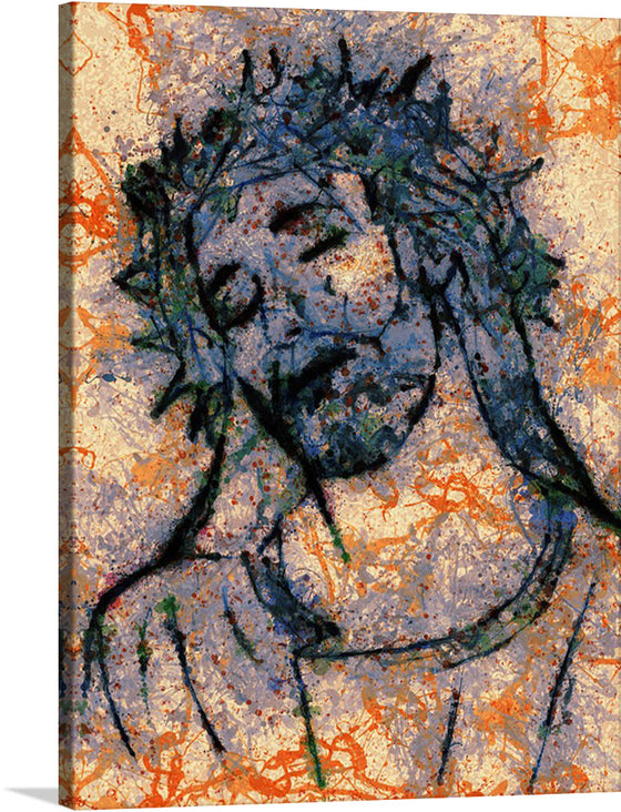 This exquisite print of “Jesus and the Crown of Thorns” is a soul-stirring masterpiece that transcends time, evoking deep emotions and conversations. The artwork depicts Jesus with a crown of thorns, painted in an abstract style with prominent use of blue tones for Jesus’s face and body. The background is textured with splashes of orange, white, blue, and other colors creating a complex visual effect.