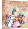 “Easter Bunny Village Eggs” is a delightful and whimsical digital art print that is perfect for the spring season. The print features a cute bunny with a basket of flowers and a village made of Easter eggs. The bunny is white with a blue and purple striped hat and a pink bow, holding a pink basket with orange and yellow flowers.